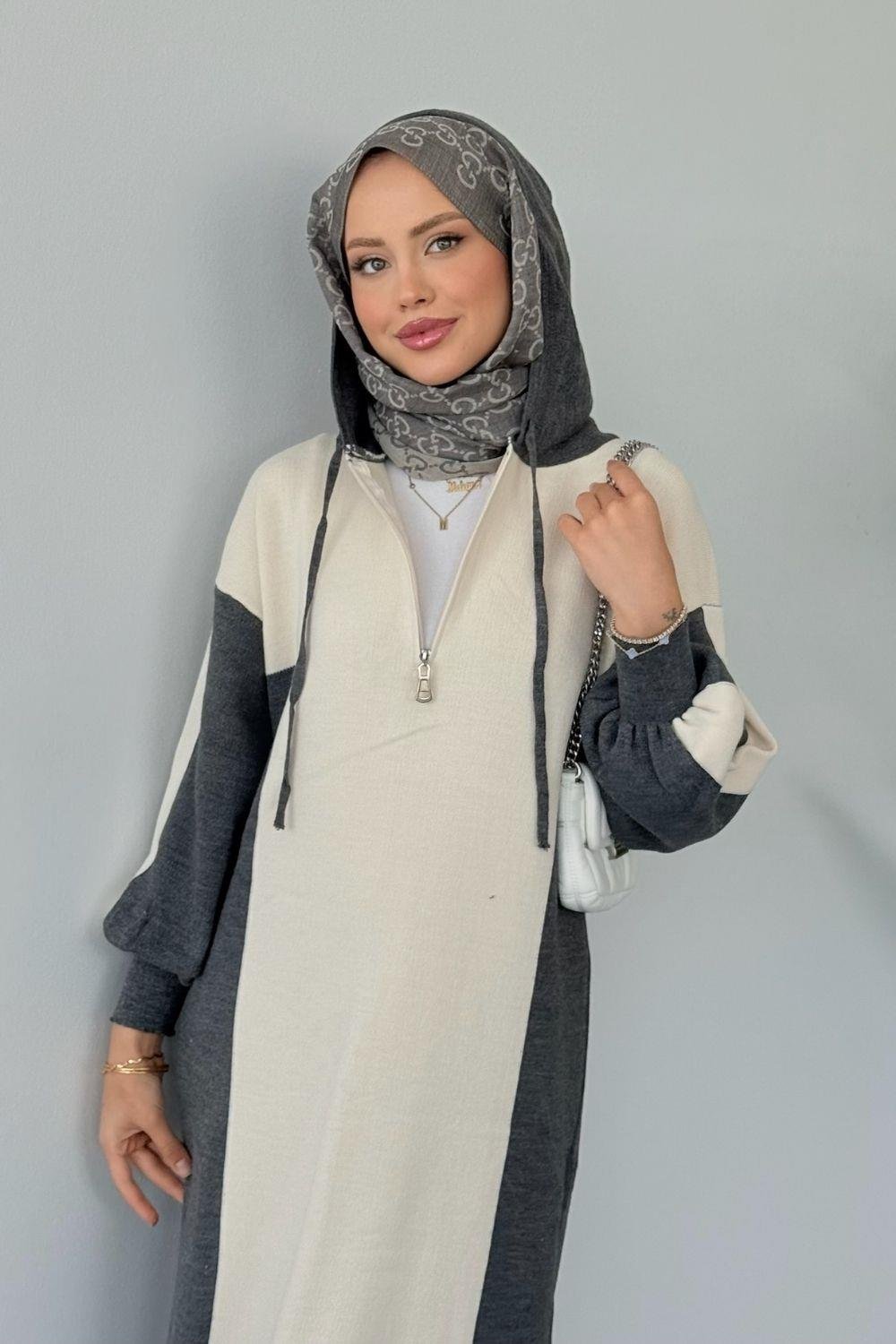 Samira Kapüşonlu Spor Triko Elbise Füme 10035 