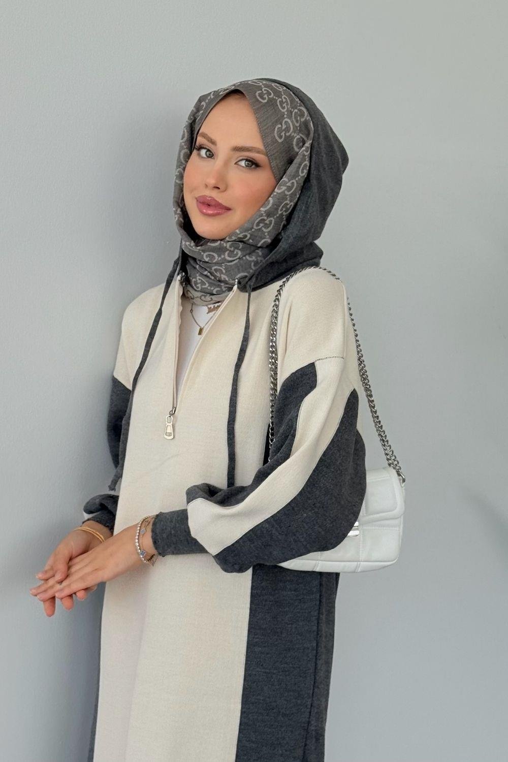 Samira Kapüşonlu Spor Triko Elbise Füme 10035 