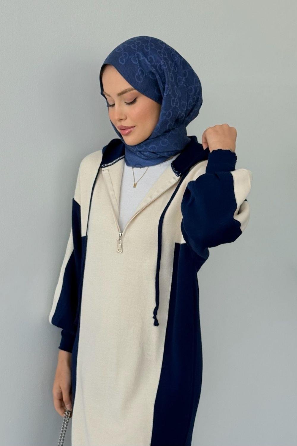 Samira Kapüşonlu Spor Triko Elbise Lacivert 10035 