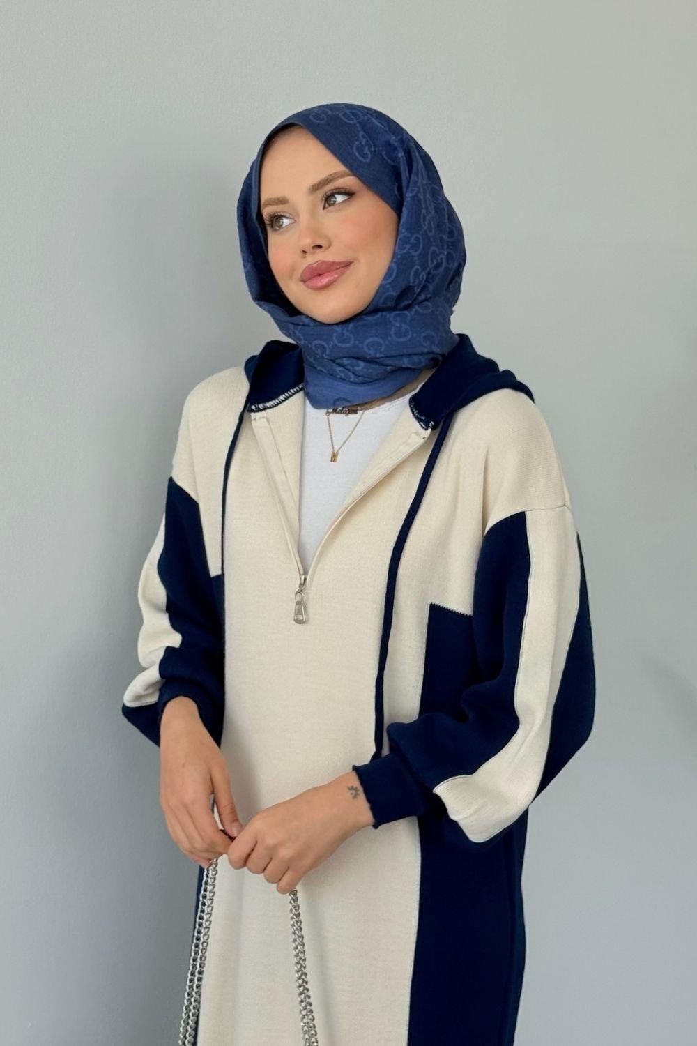 Samira Kapüşonlu Spor Triko Elbise Lacivert 10035 