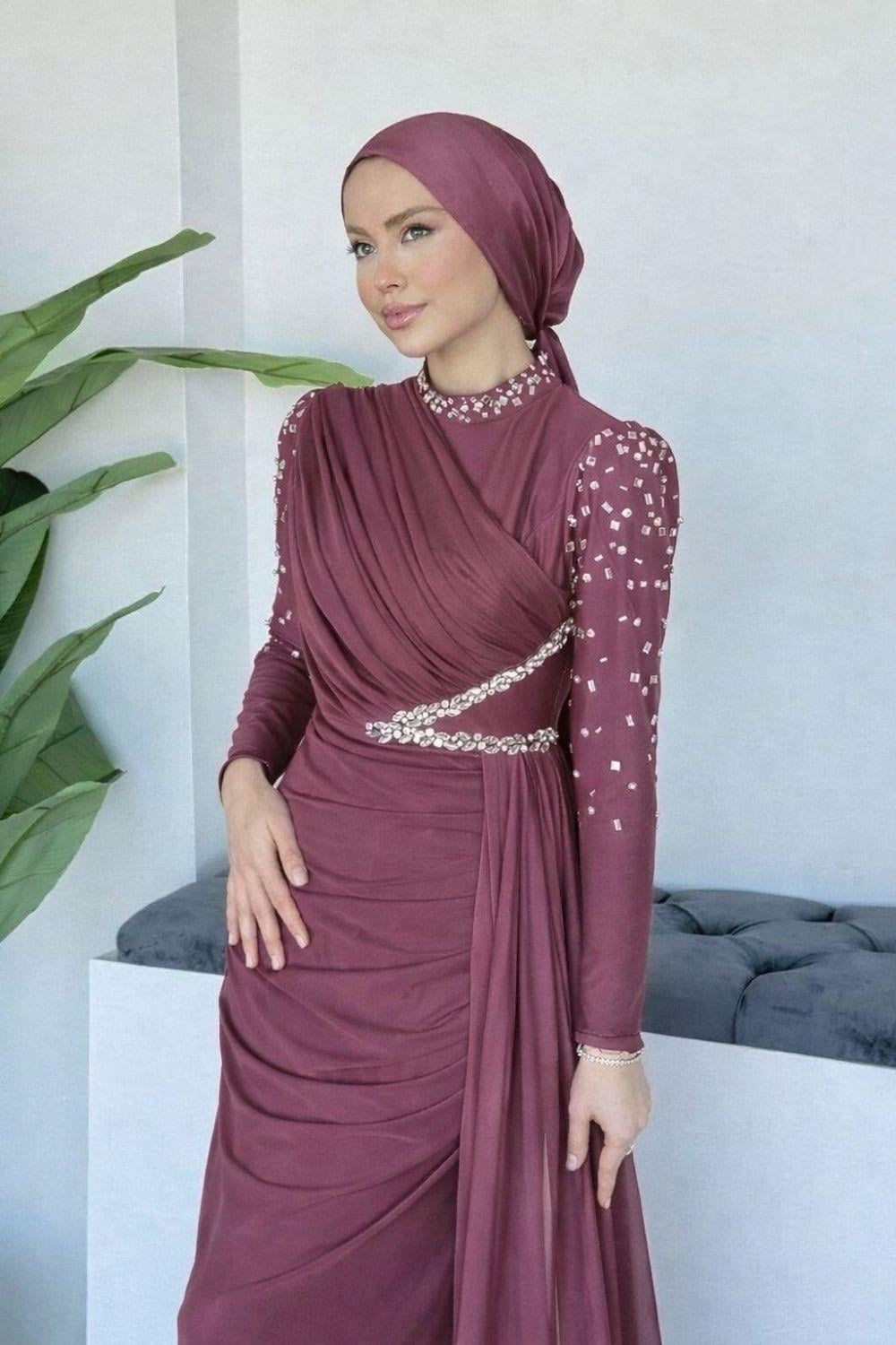 Ava Kolları Taşlı Abiye Gül Kurusu 10046 