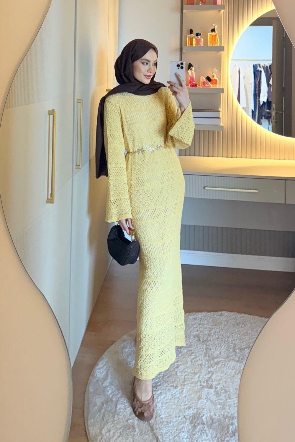 Ajur Örme Elbise Sarı 10053 