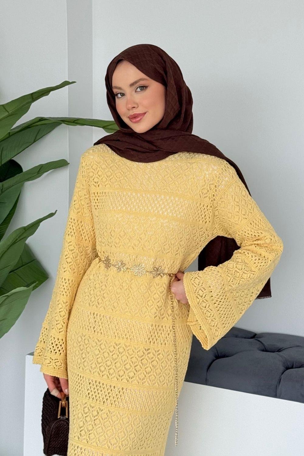 Ajur Örme Elbise Sarı 10053 