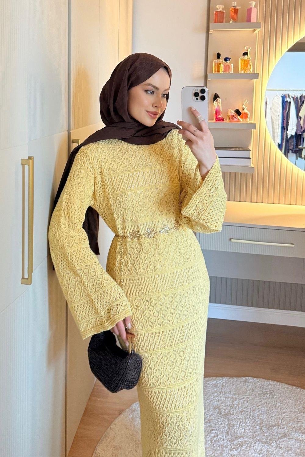 Ajur Örme Elbise Sarı 10053 