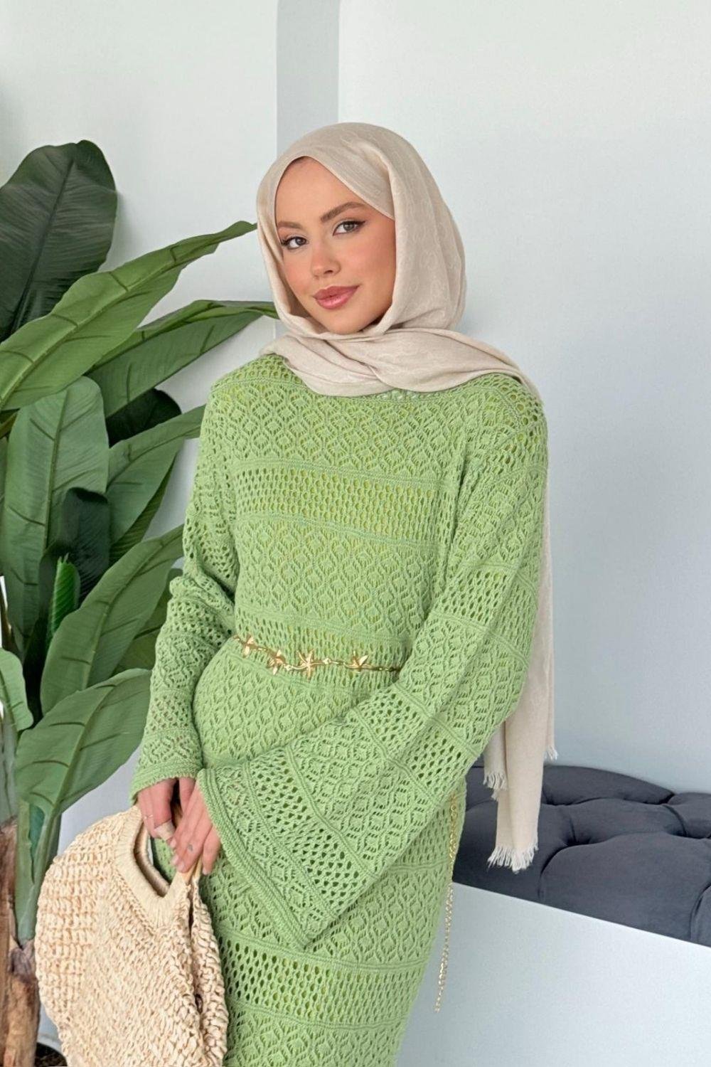 Ajur Örme Elbise Yeşil 10053 