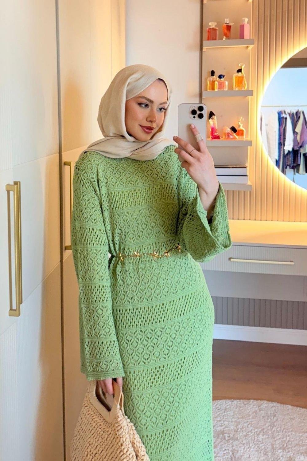 Ajur Örme Elbise Yeşil 10053 