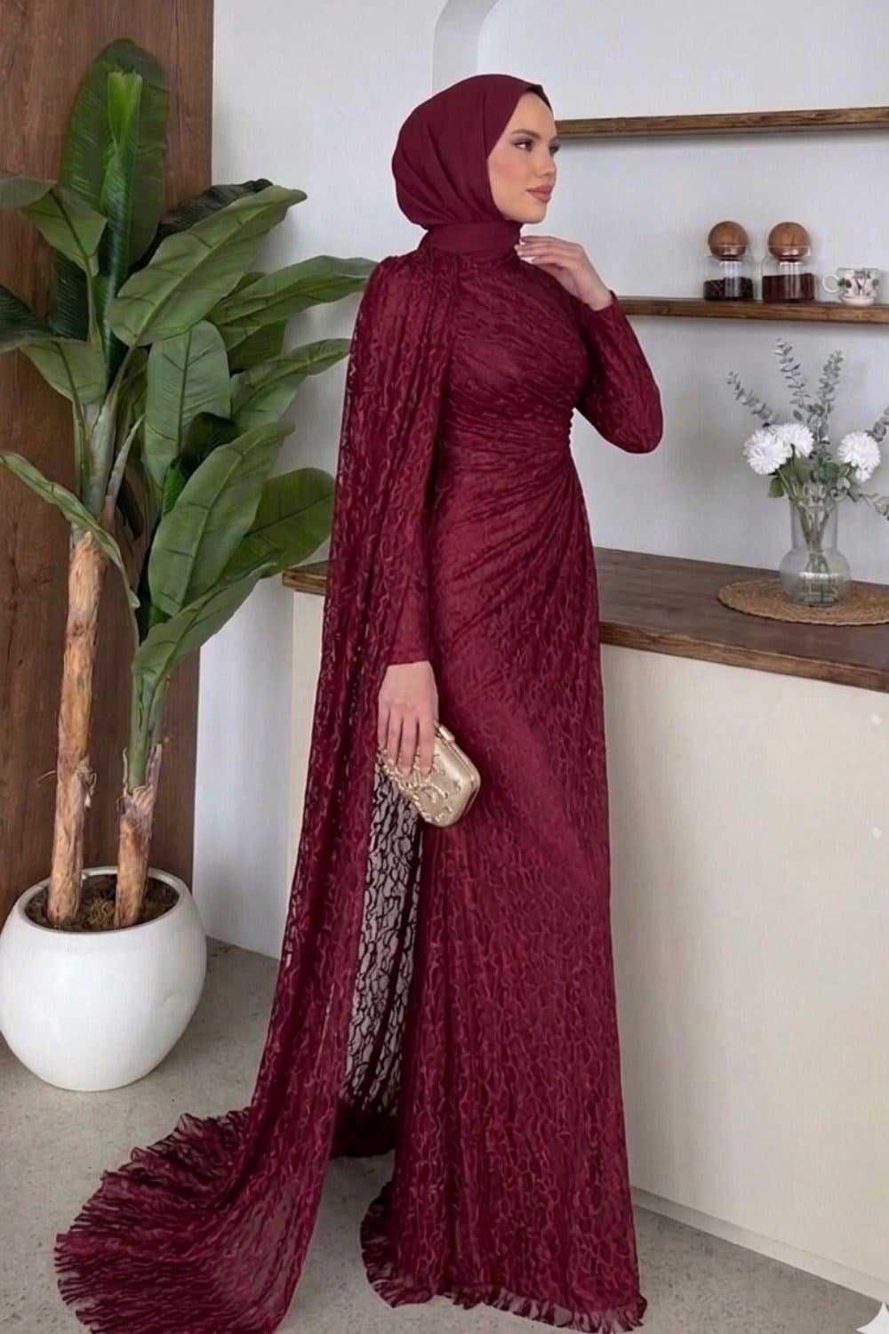 Colette Yandan Pelerin Abiye Bordo 10061 