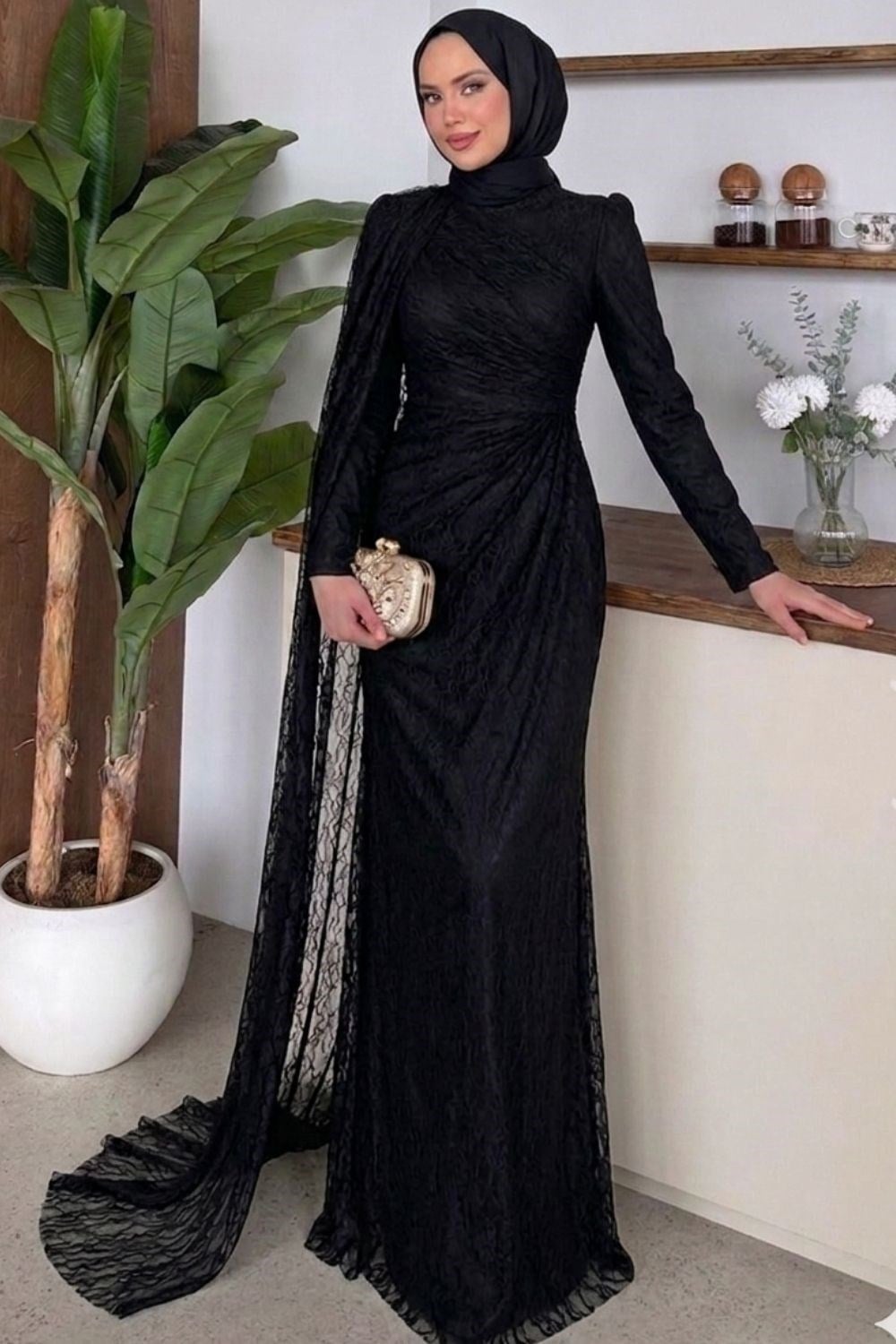 Colette Yandan Pelerin Abiye Siyah 10061 