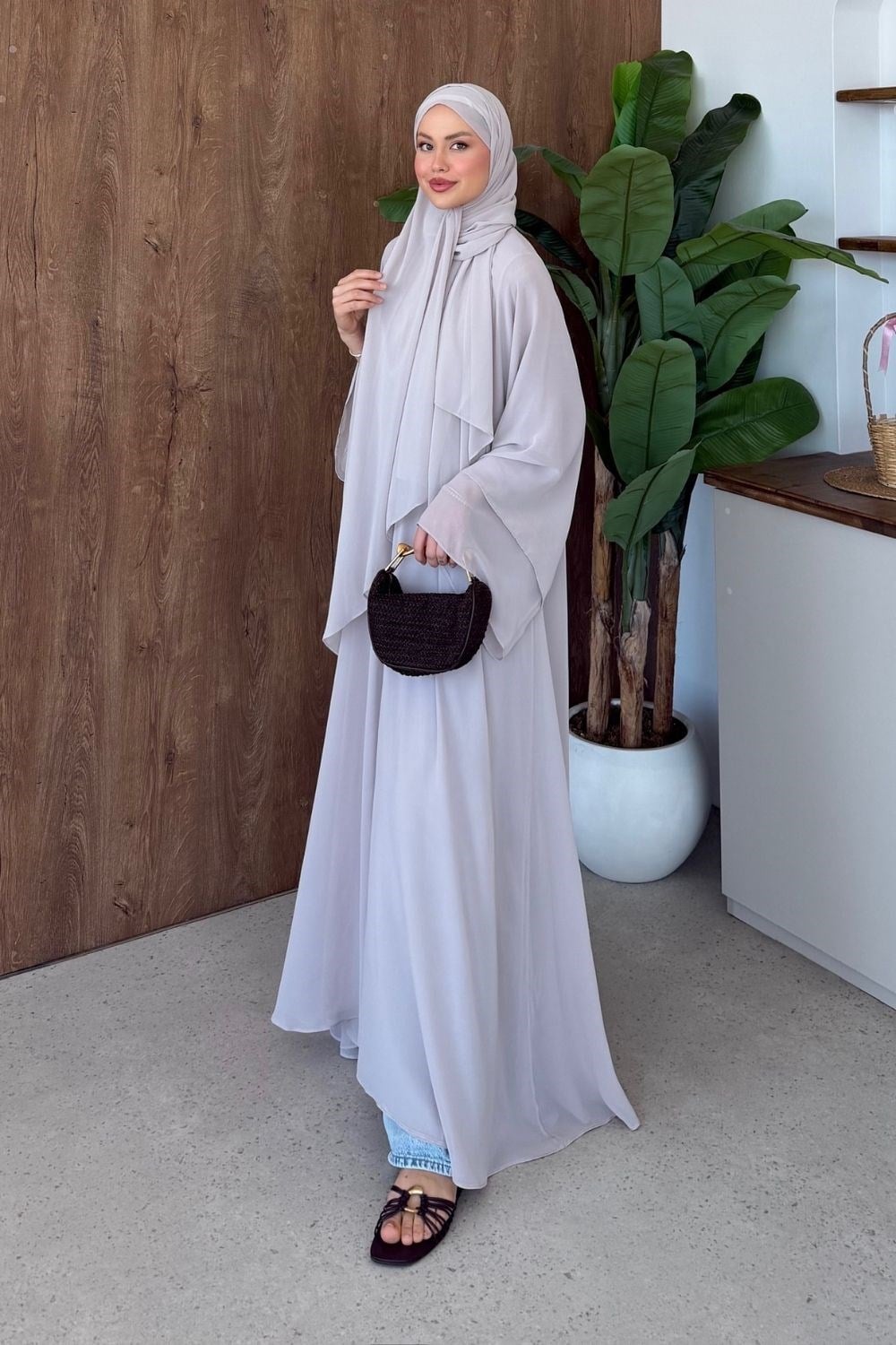 Hümay Çıtçıtlı Şal Detay Abaya Bej 10063 