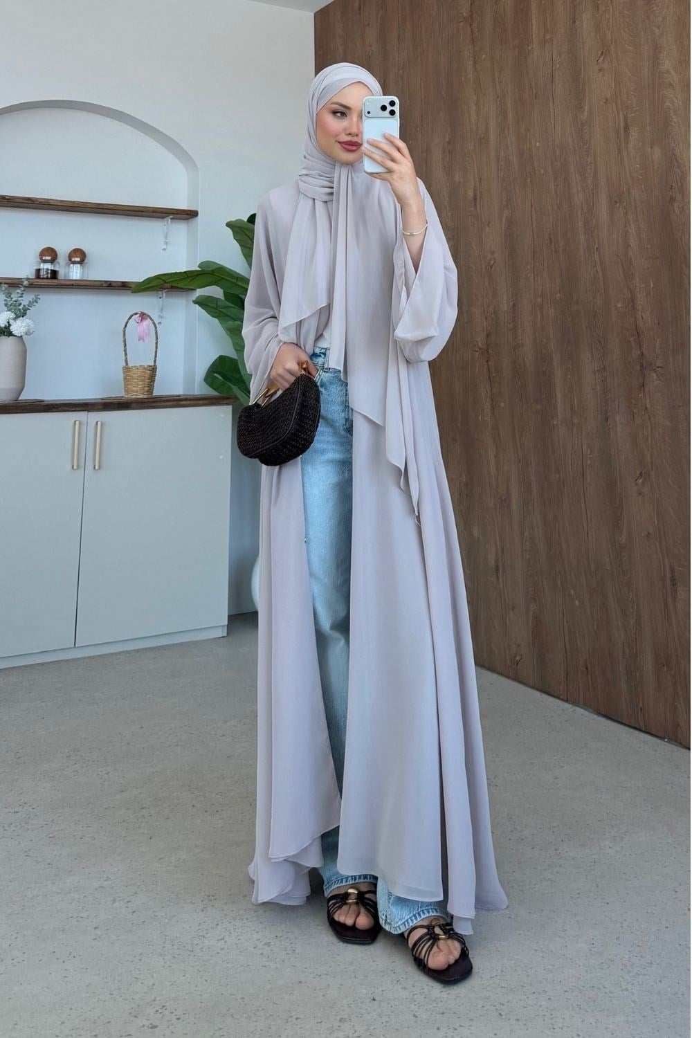 Hümay Çıtçıtlı Şal Detay Abaya Bej 10063 