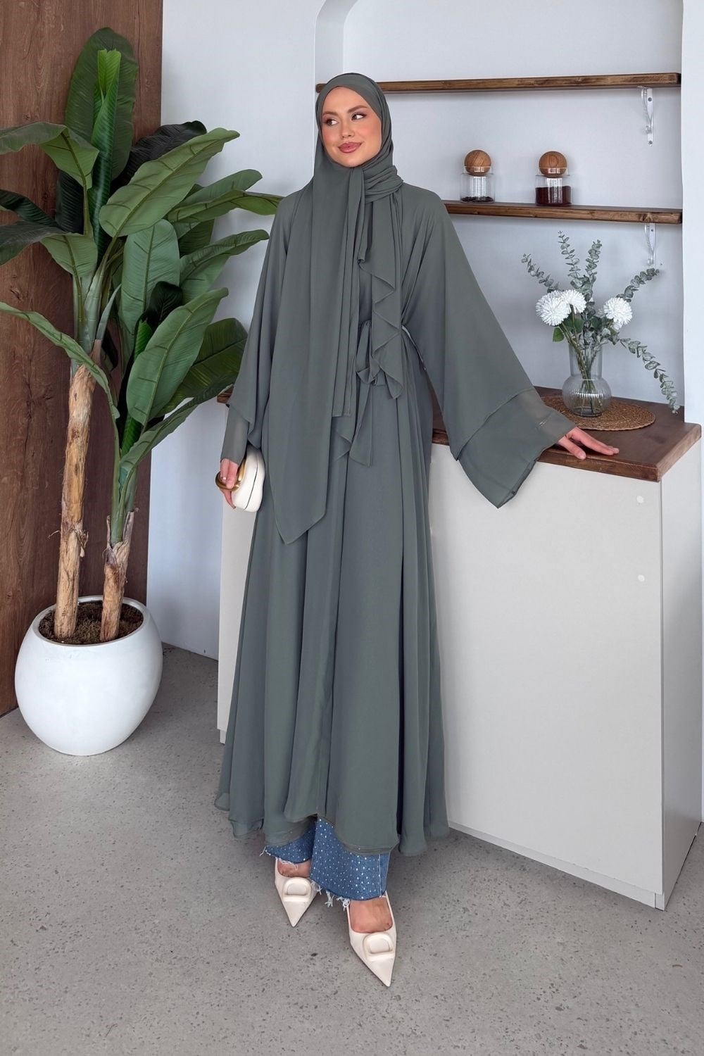 Hümay Çıtçıtlı Şal Detay Abaya Haki 10063 