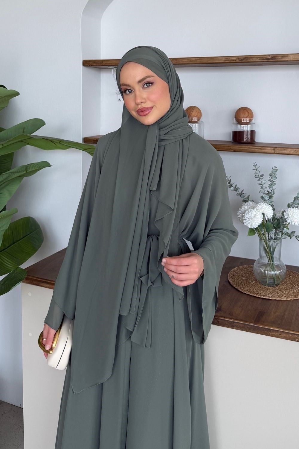 Hümay Çıtçıtlı Şal Detay Abaya Haki 10063 