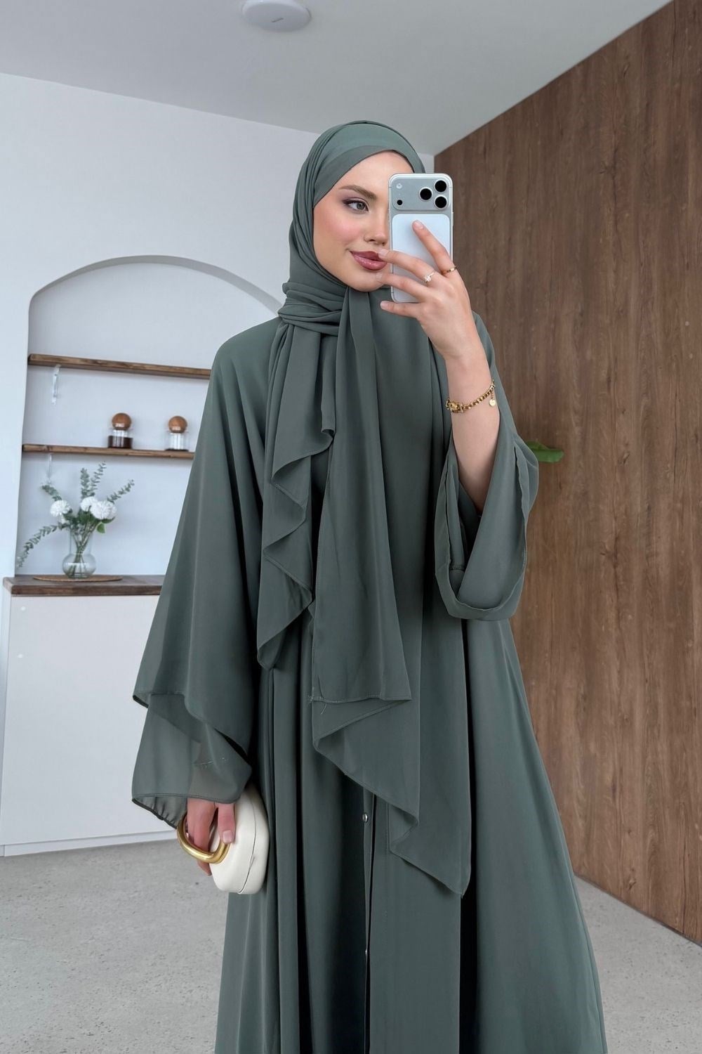 Hümay Çıtçıtlı Şal Detay Abaya Haki 10063 