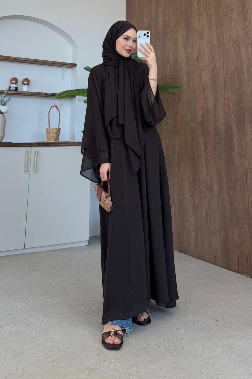 Hümay Çıtçıtlı Şal Detay Abaya Kahverengi 10063 