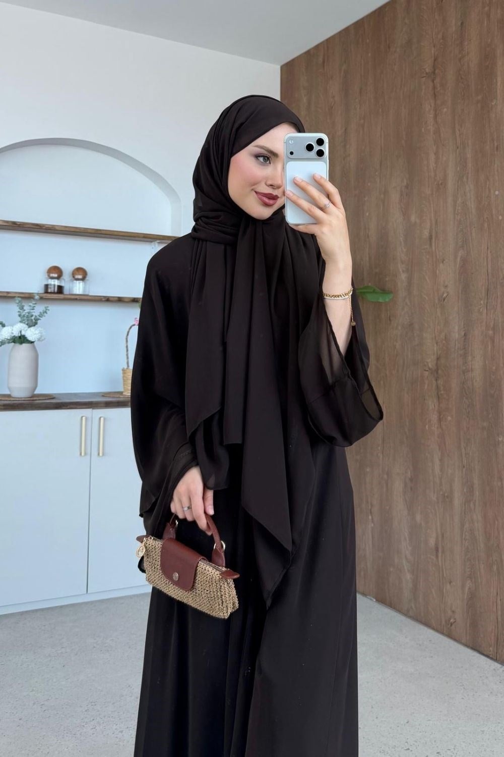 Hümay Çıtçıtlı Şal Detay Abaya Kahverengi 10063 