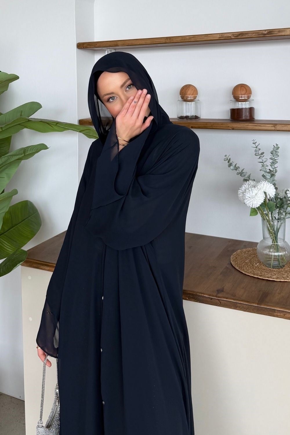 Hümay Çıtçıtlı Şal Detay Abaya Lacivert 10063 