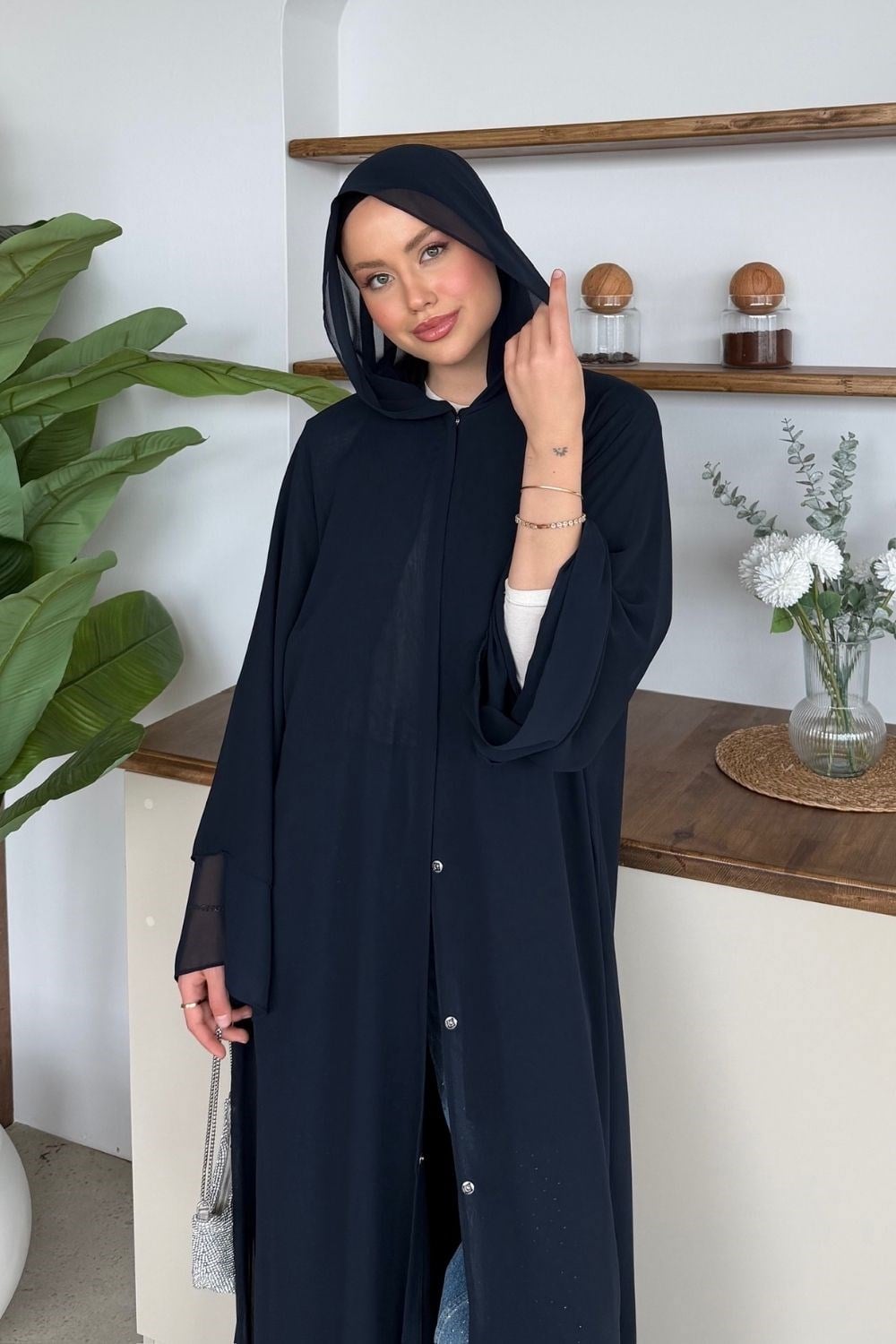 Hümay Çıtçıtlı Şal Detay Abaya Lacivert 10063 