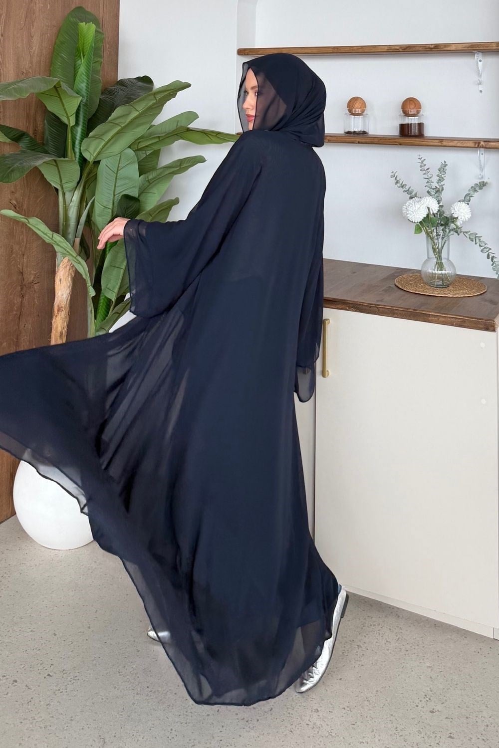 Hümay Çıtçıtlı Şal Detay Abaya Lacivert 10063 