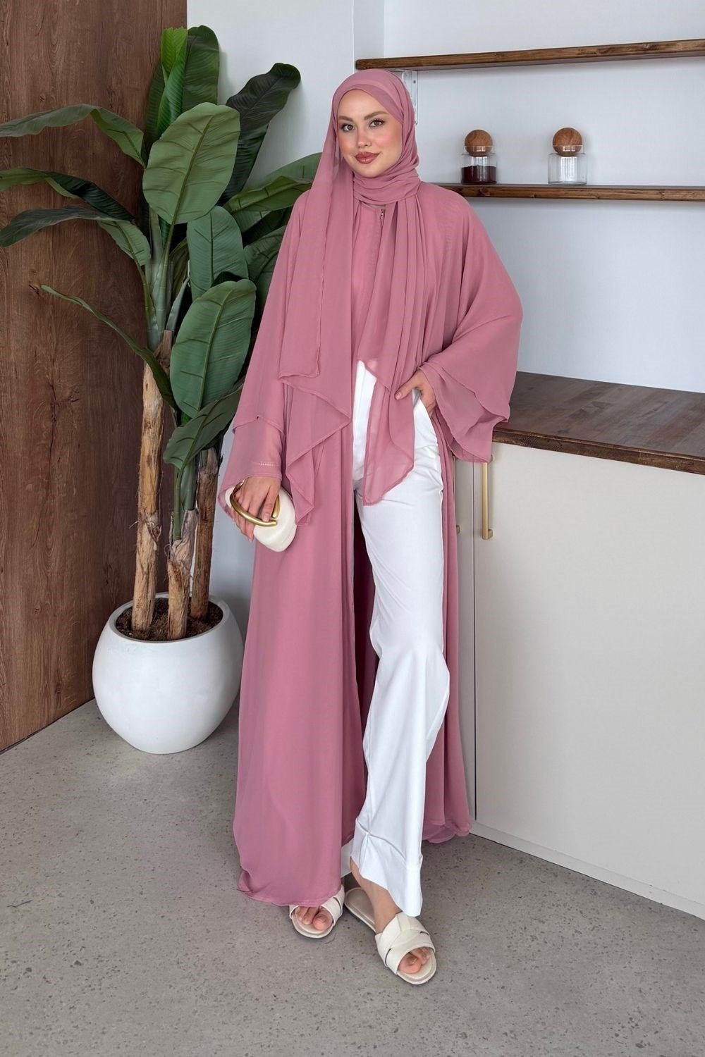 Hümay Çıtçıtlı Şal Detay Abaya Pudra 10063 