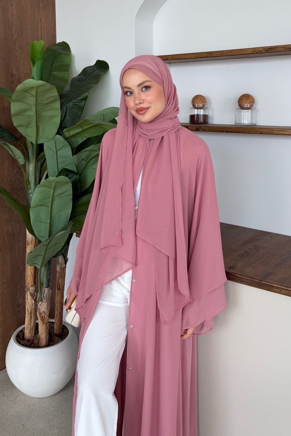 Hümay Çıtçıtlı Şal Detay Abaya Pudra 10063 