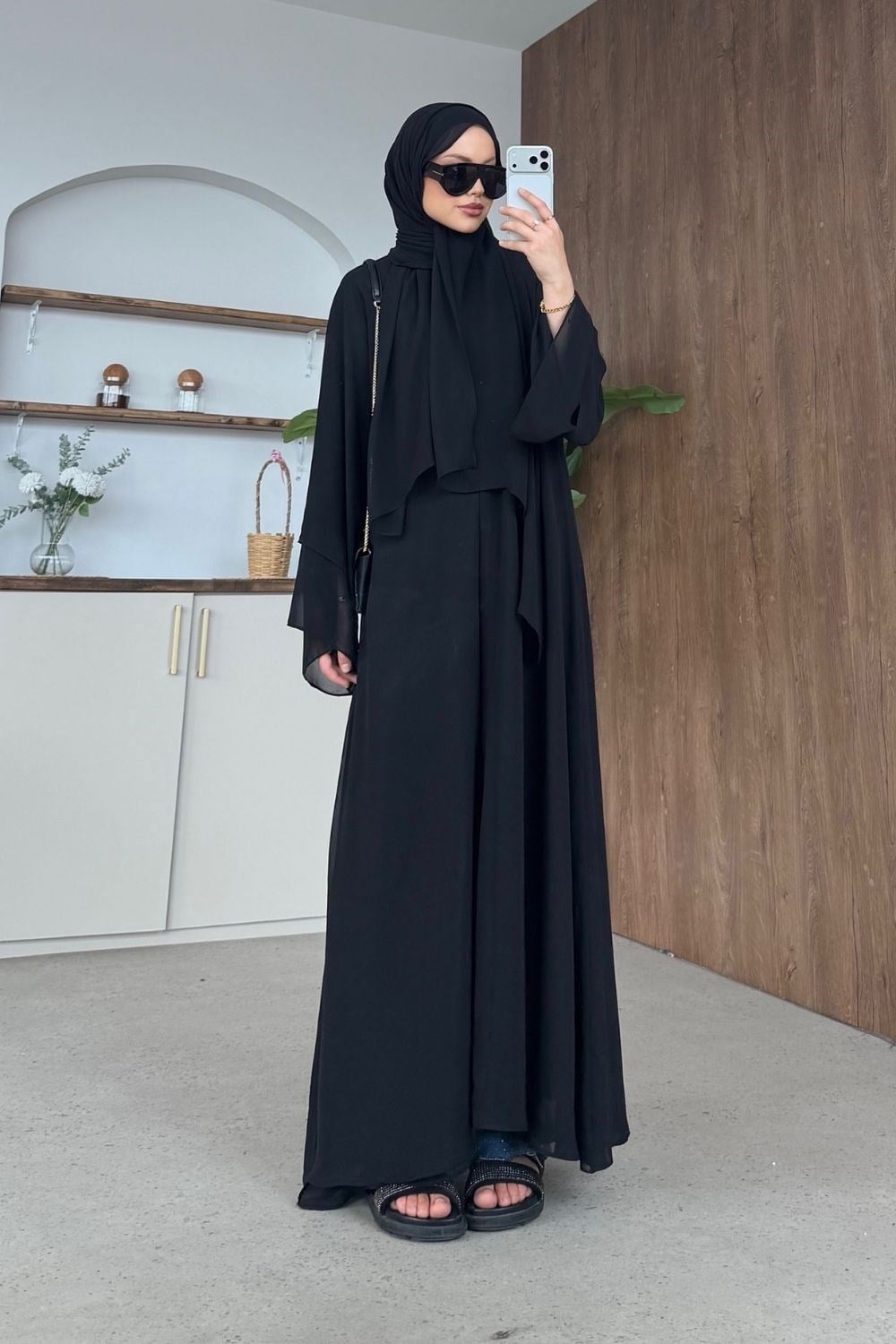 Hümay Çıtçıtlı Şal Detay Abaya Siyah 10063 