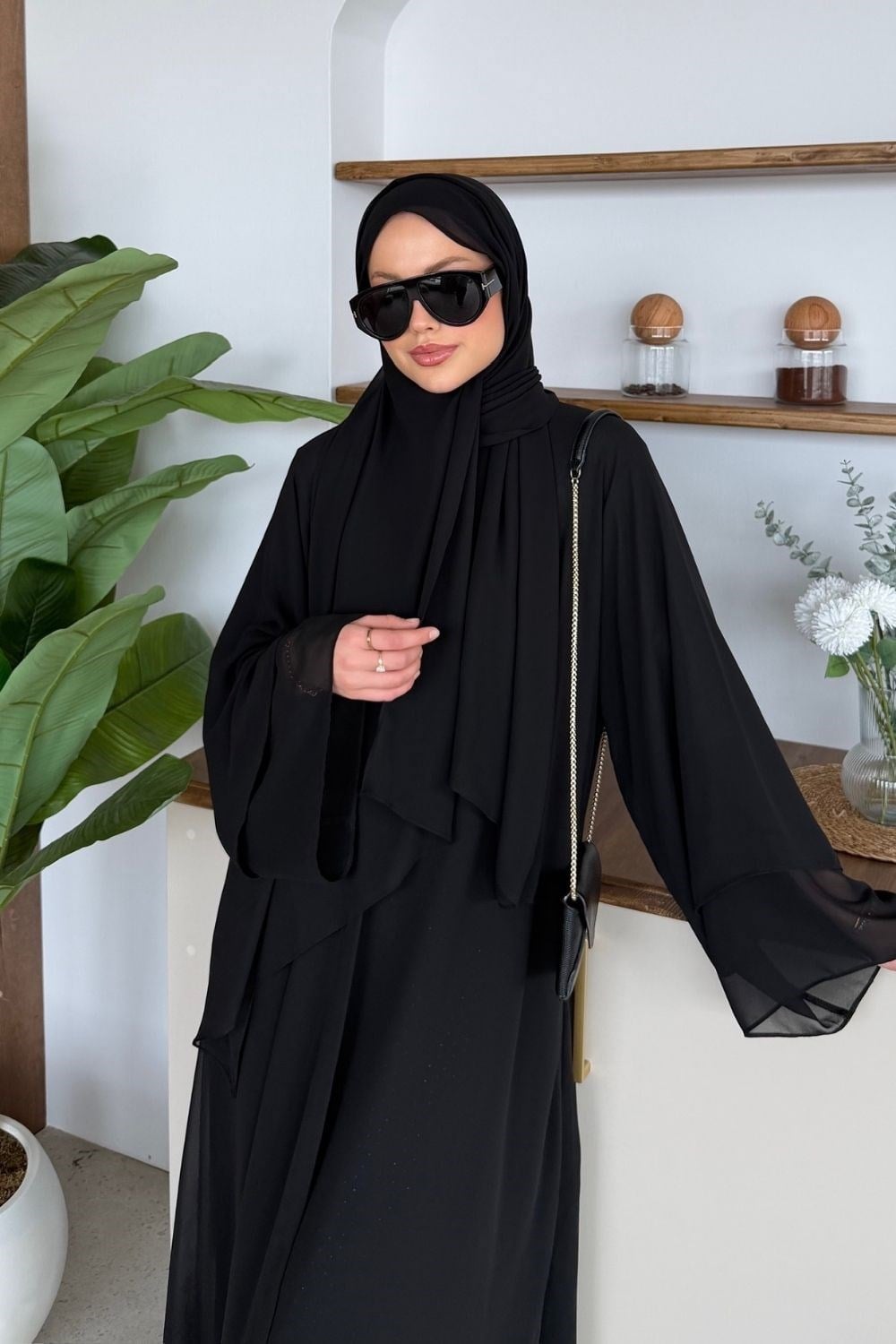 Hümay Çıtçıtlı Şal Detay Abaya Siyah 10063 
