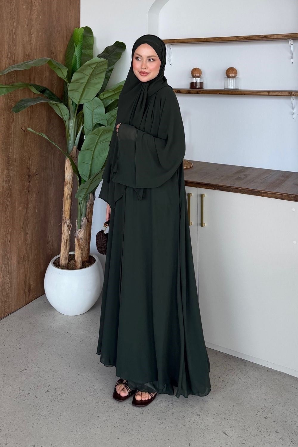 Hümay Çıtçıtlı Şal Detay Abaya Zümrüt 10063 
