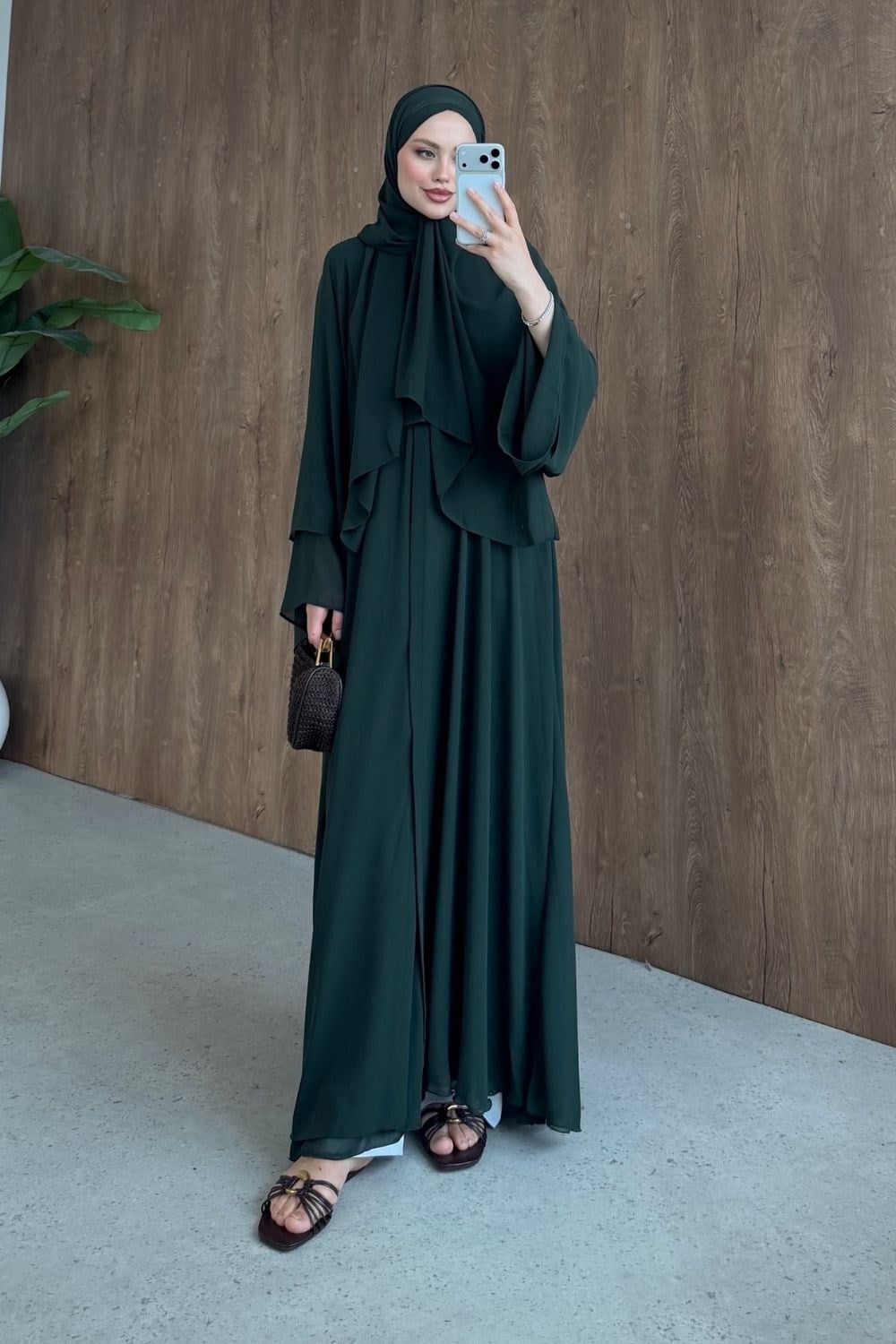 Hümay Çıtçıtlı Şal Detay Abaya Zümrüt 10063 
