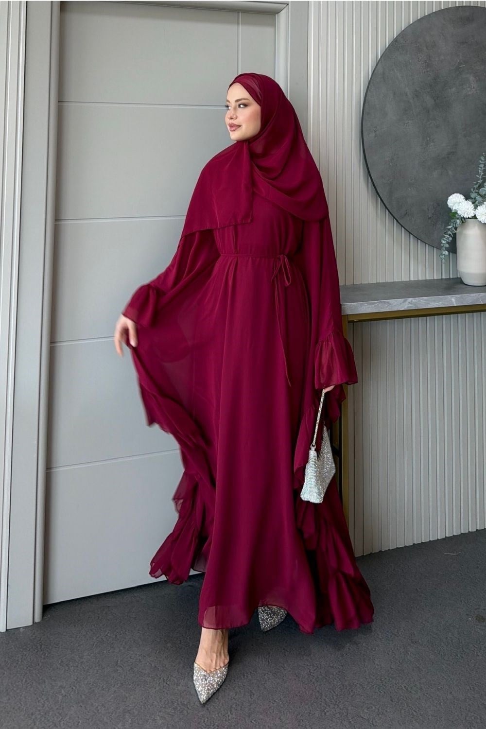 Mısra Pelerinli Elbise Bordo 10069 