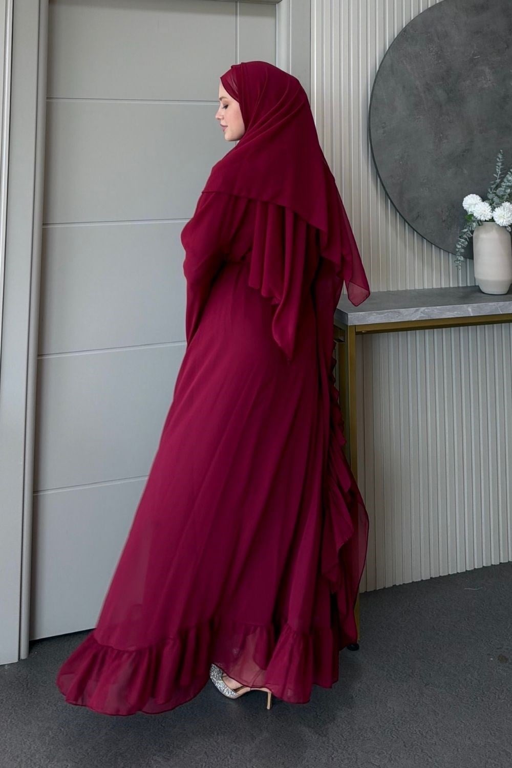 Mısra Pelerinli Elbise Bordo 10069 