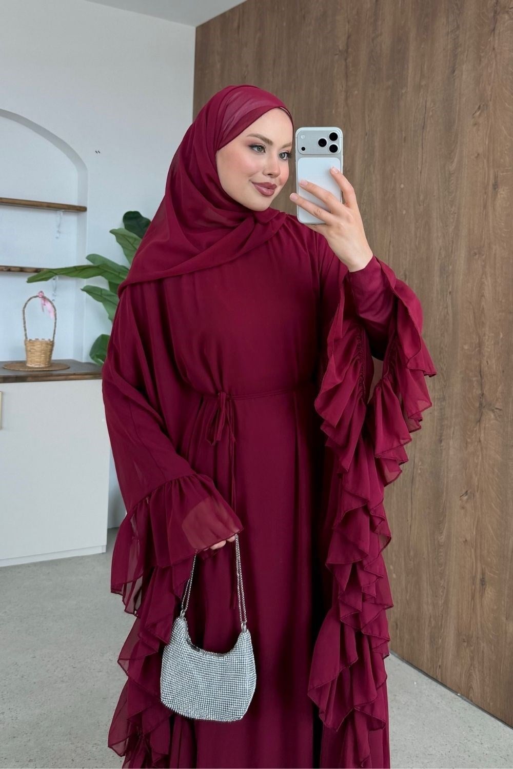 Mısra Pelerinli Elbise Bordo 10069 