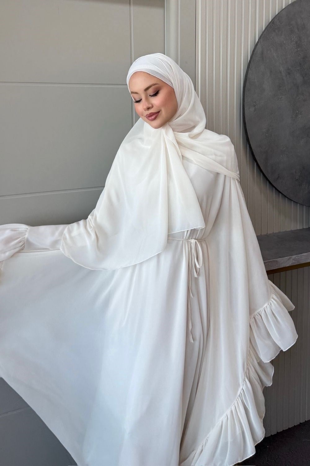 Mısra Pelerinli Elbise Ekru 10069 