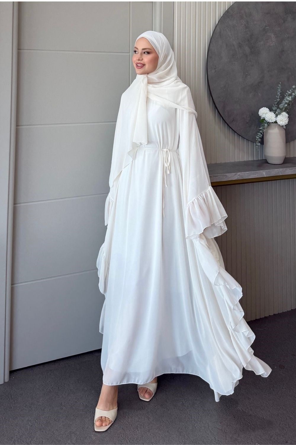 Mısra Pelerinli Elbise Ekru 10069 