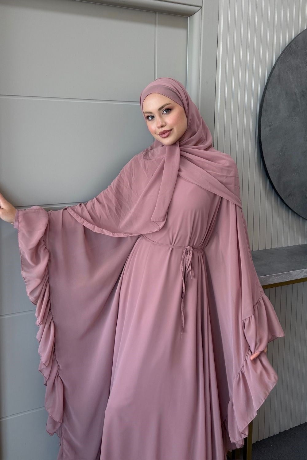 Mısra Pelerinli Elbise Pudra 10069 