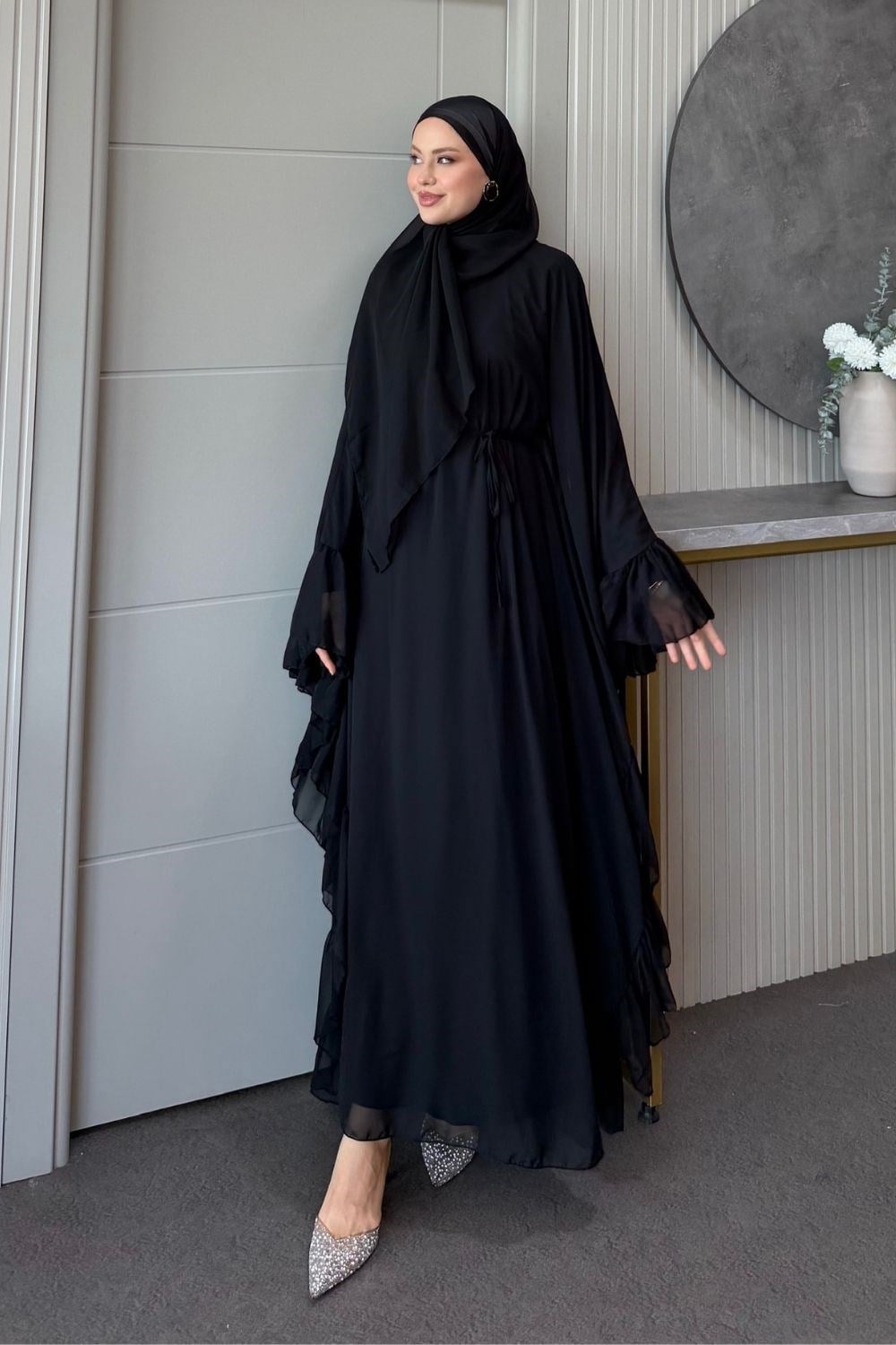 Mısra Pelerinli Elbise Siyah 10069 