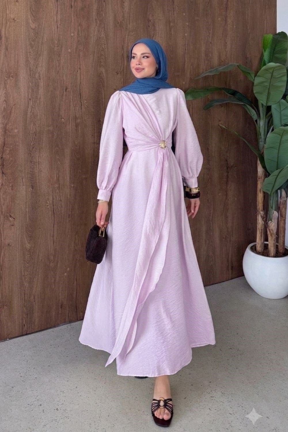 Gül Toka Detay Elbise Pembe 10071 
