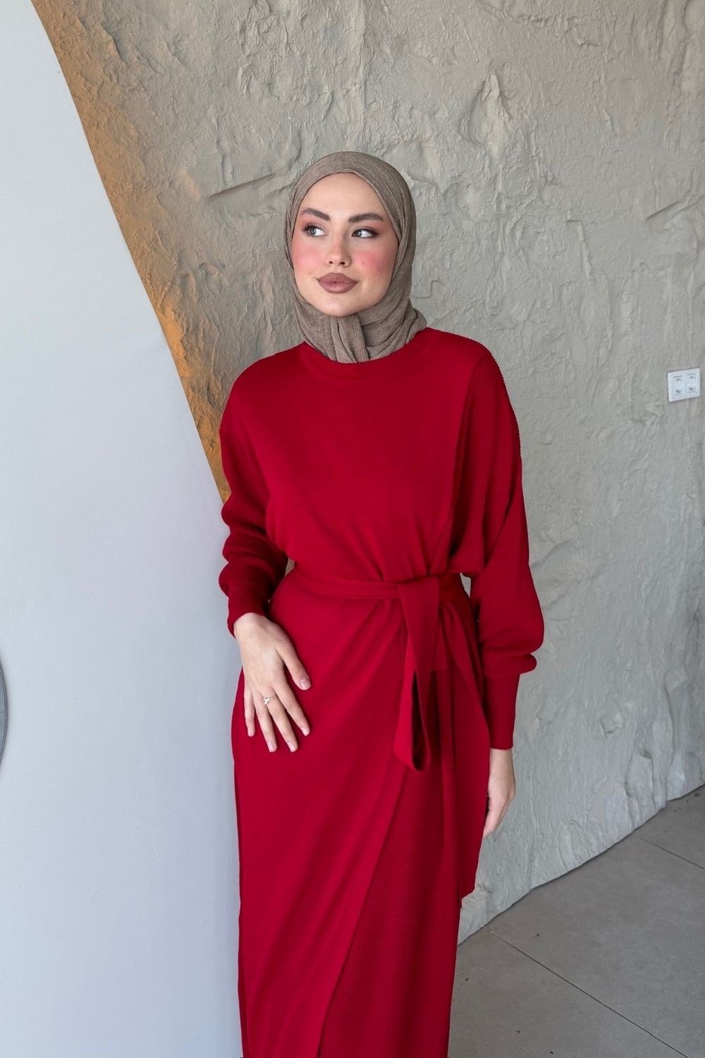 Aryel Kuşaklı Elbise Kırmızı 10087 