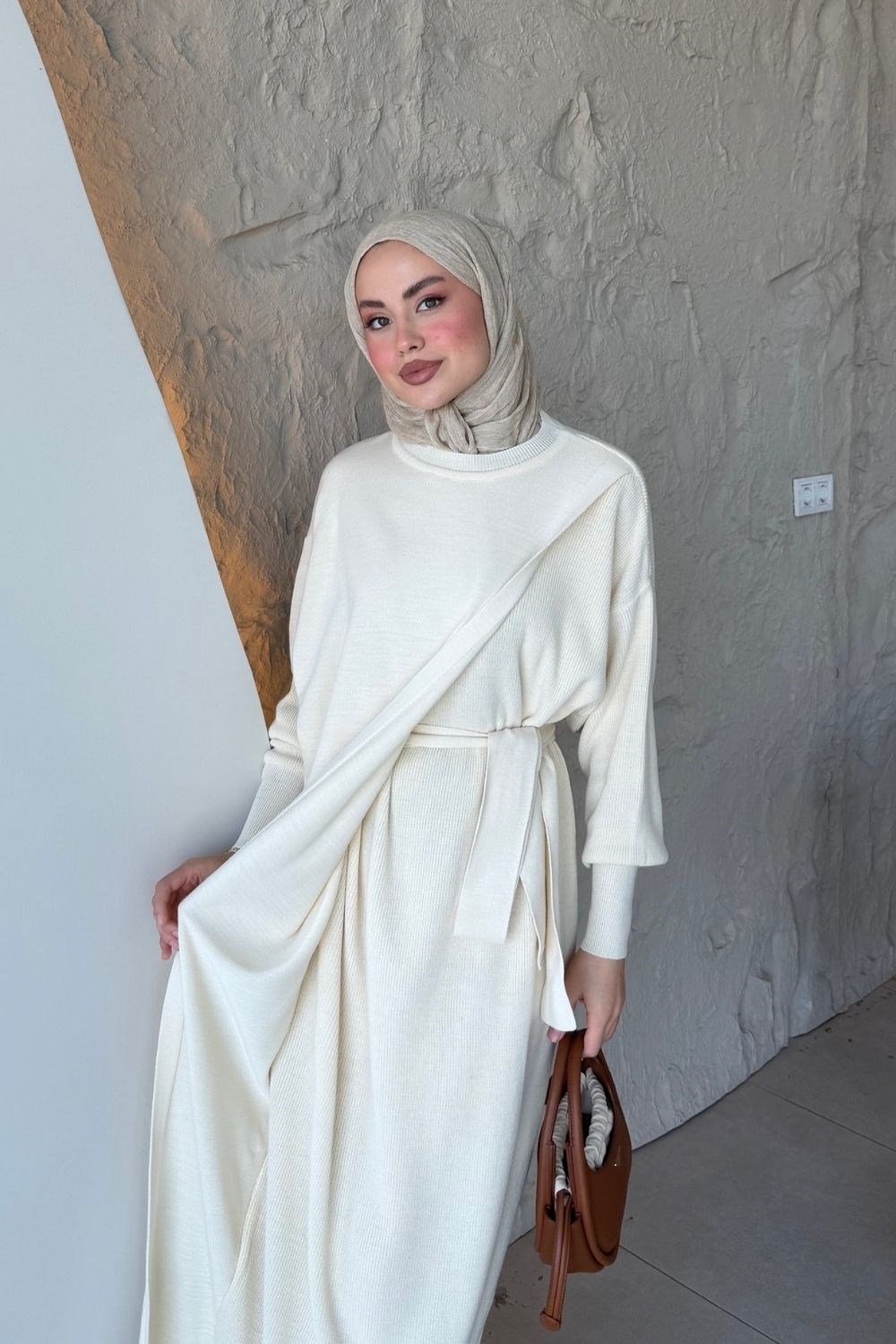 Aryel Kuşaklı Elbise Krem 10087 
