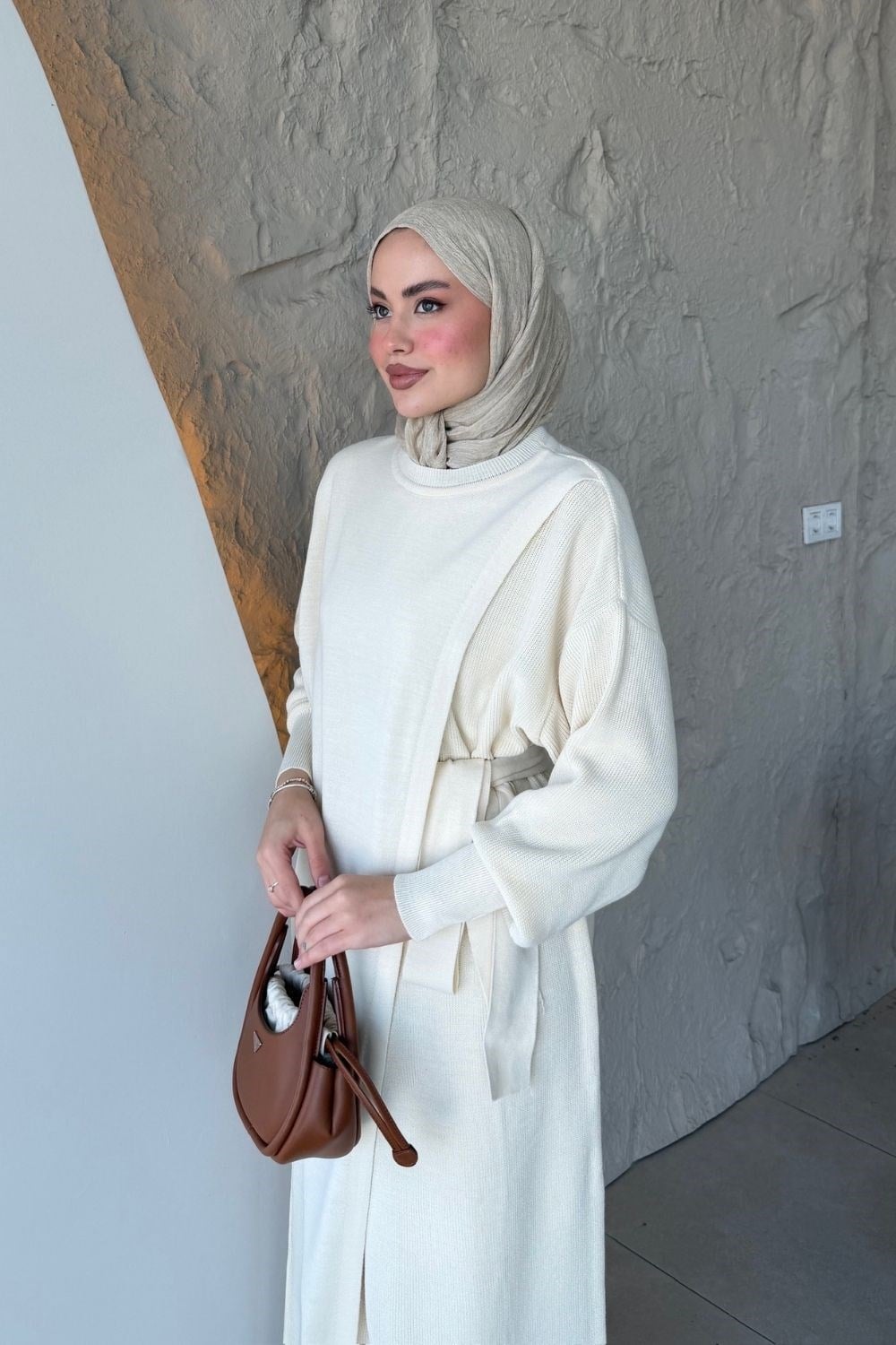 Aryel Kuşaklı Elbise Krem 10087 