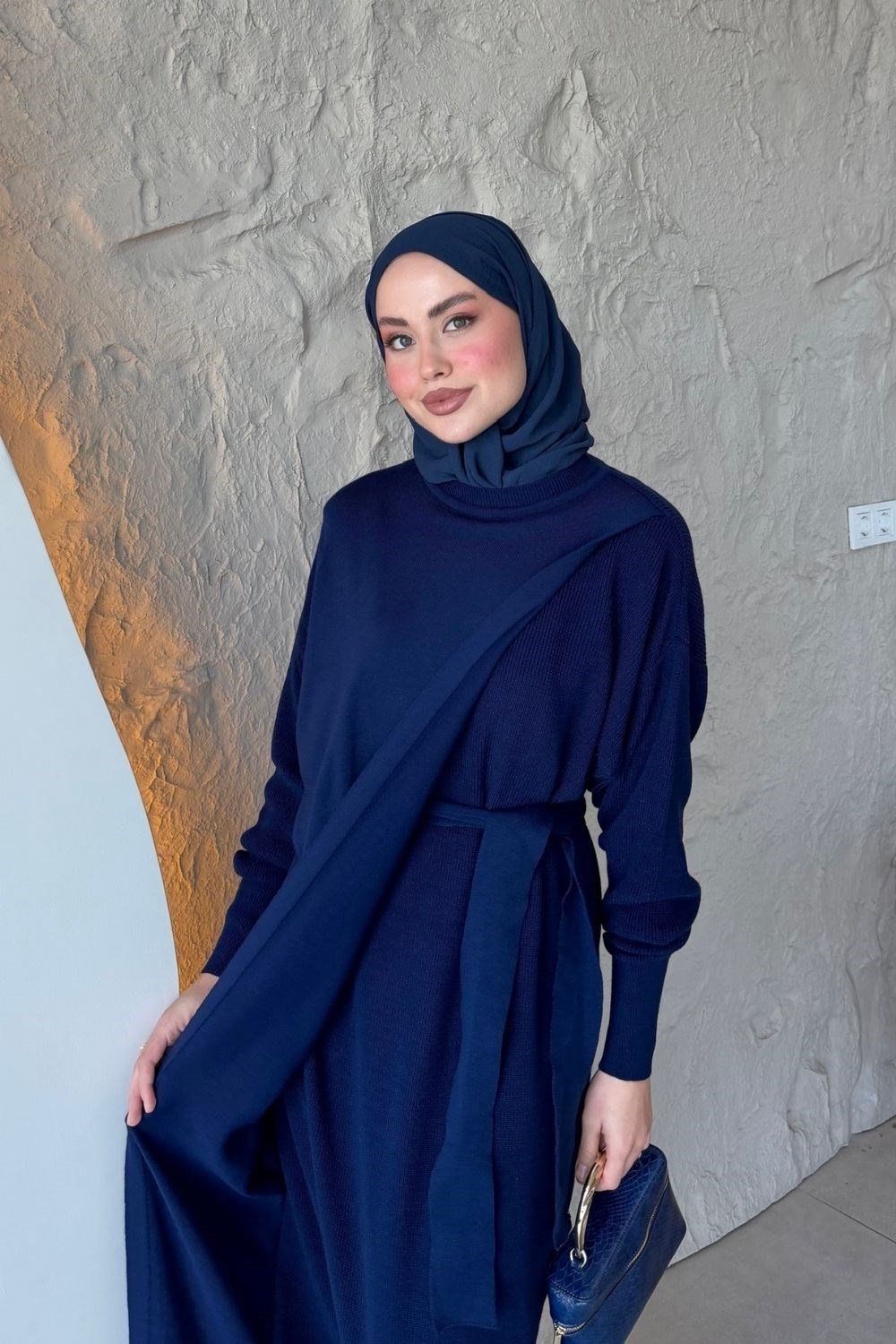 Aryel Kuşaklı Elbise Lacivert 10087 