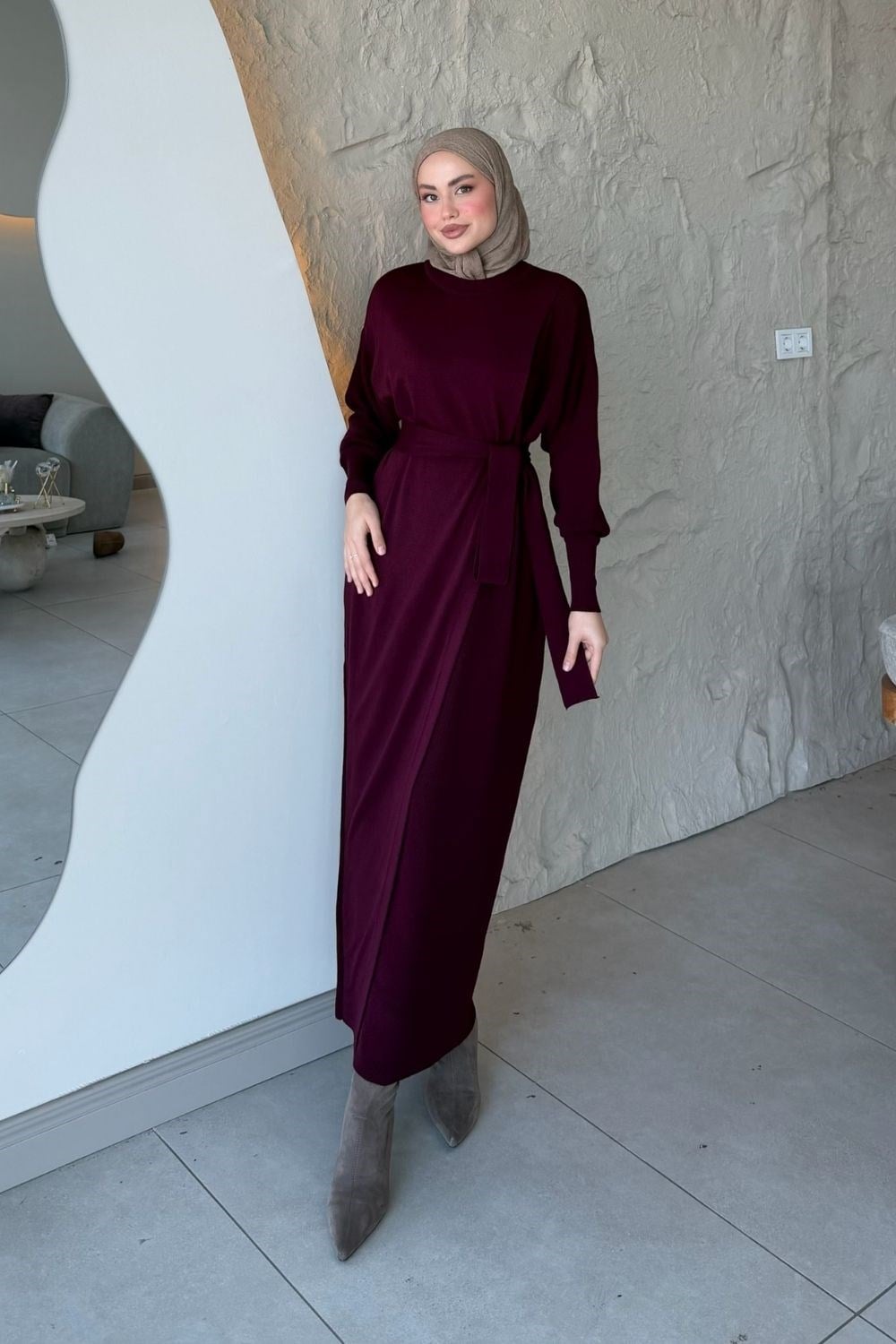 Aryel Kuşaklı Elbise Mürdüm 10087 