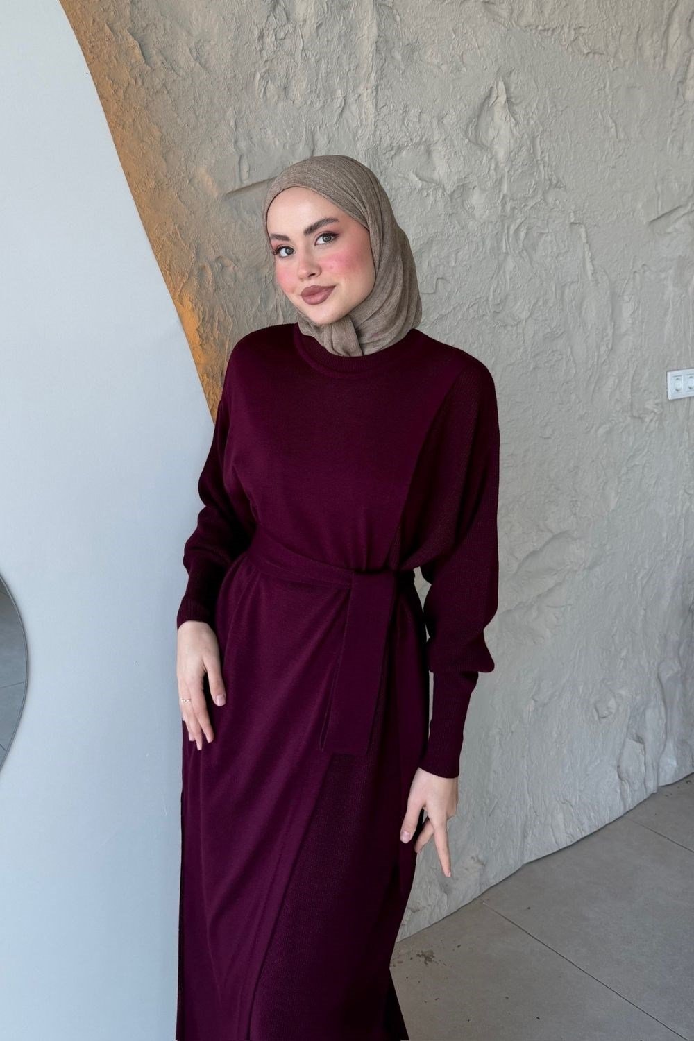 Aryel Kuşaklı Elbise Mürdüm 10087 