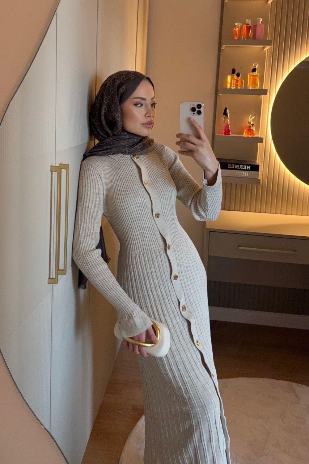 Endam Düğmeli Elbise Bej 10201 