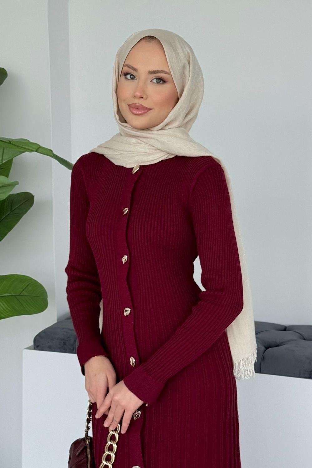 Endam Düğmeli Elbise Bordo 10201 