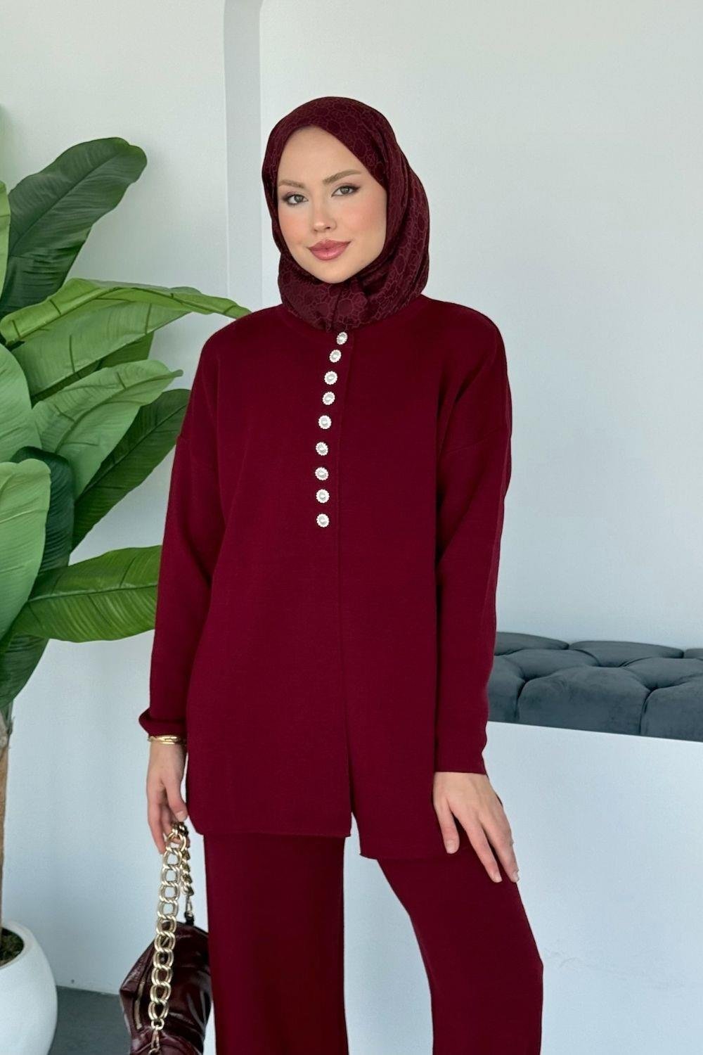 Vals İnci Düğmeli Takım Bordo 10202 