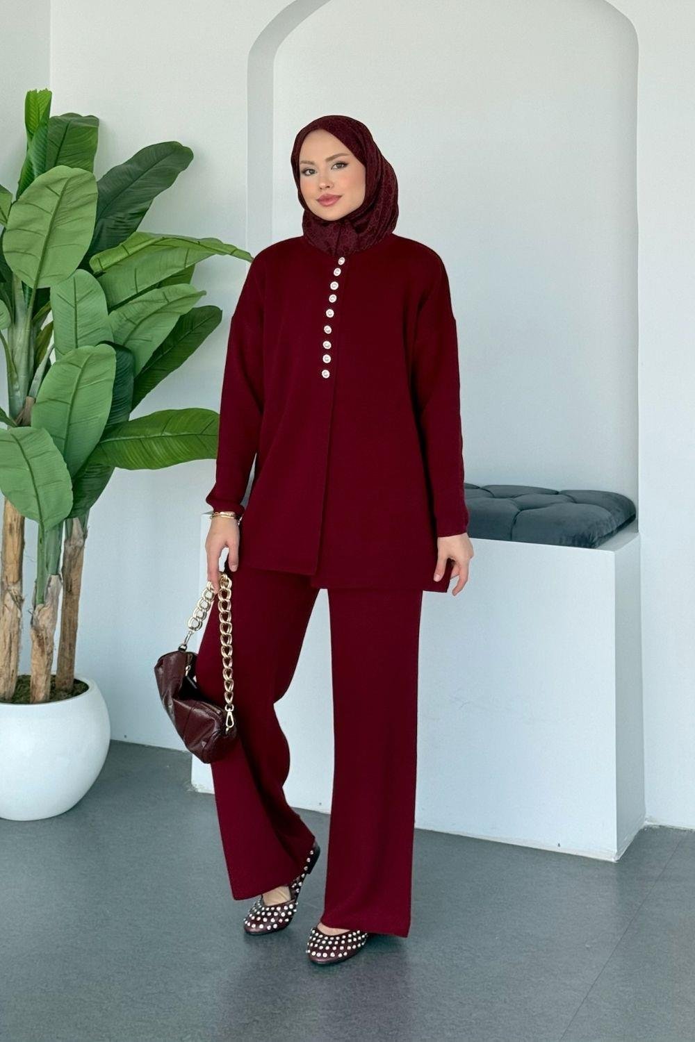 Vals İnci Düğmeli Takım Bordo 10202 