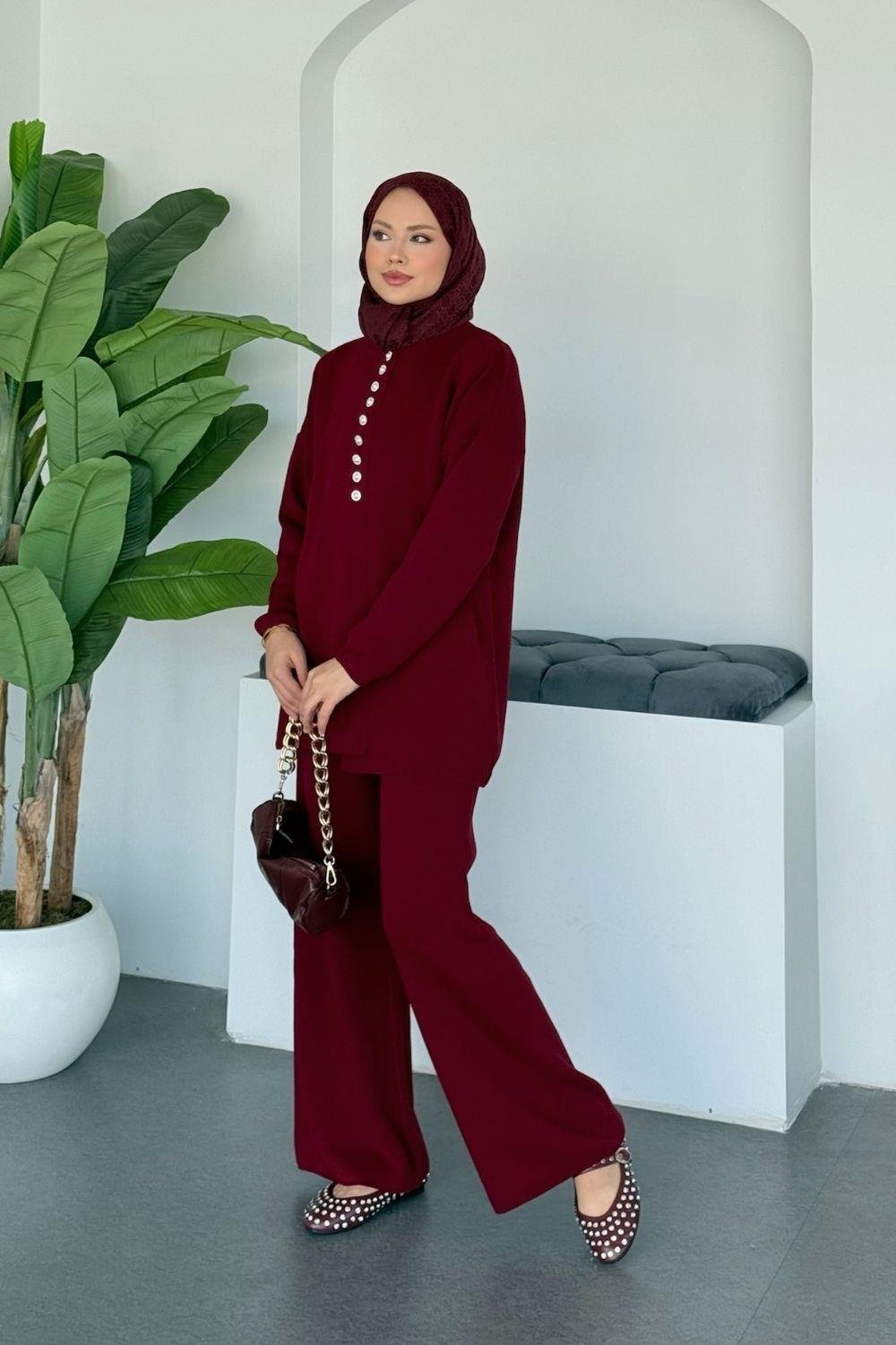Vals İnci Düğmeli Takım Bordo 10202 
