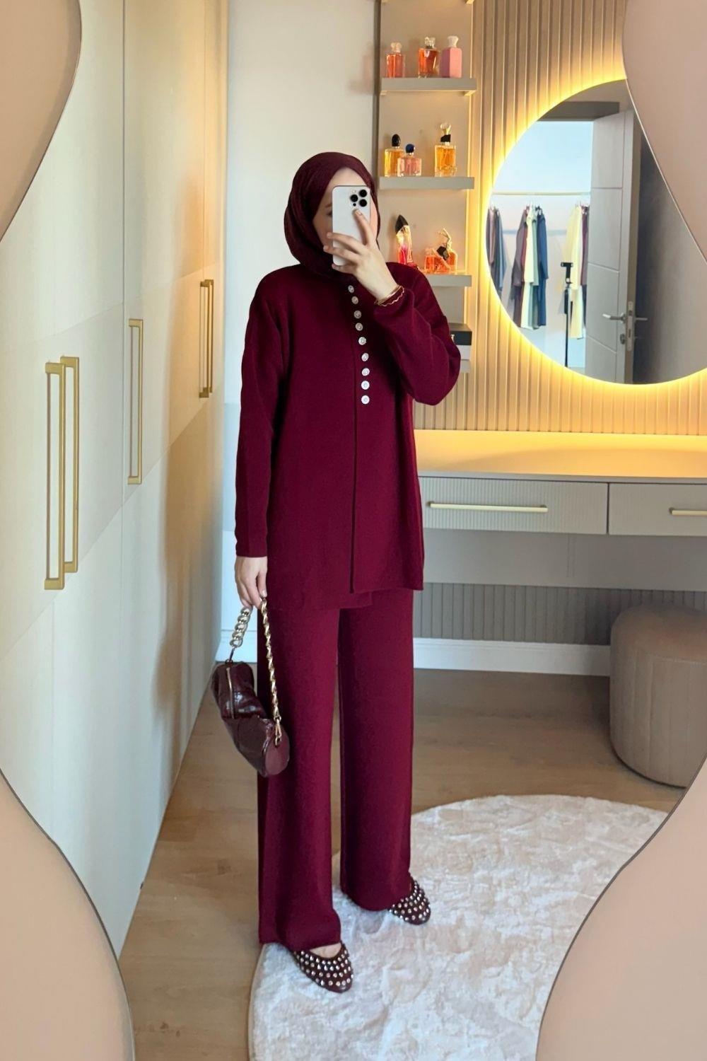 Vals İnci Düğmeli Takım Bordo 10202 