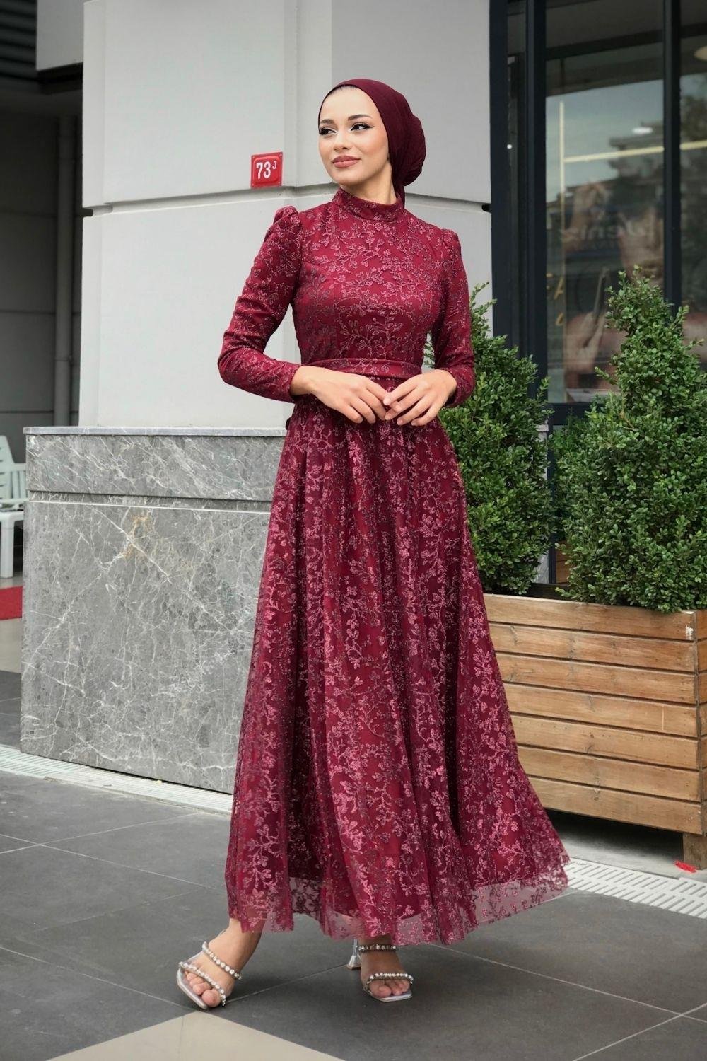 Sim Kapartmalı Abiye Bordo 1071 