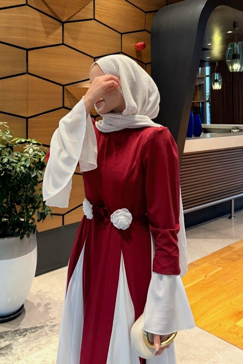 Kran Çift Renkli Elbise Bordo 1083 